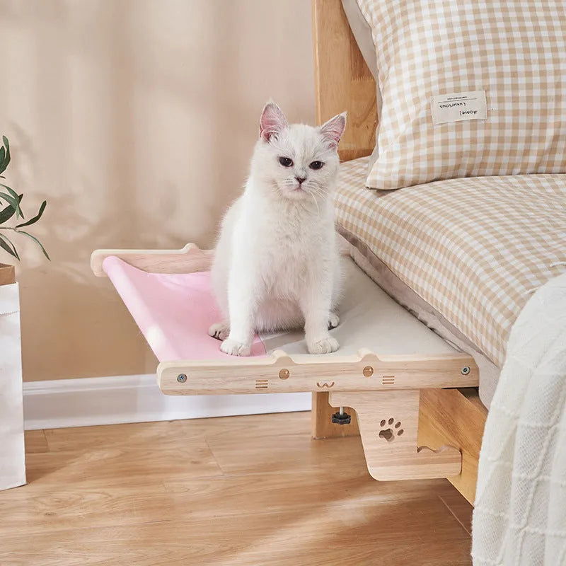 Wooden frame cat hammock bed hanging on a window, suitable for cats and small dogs.
