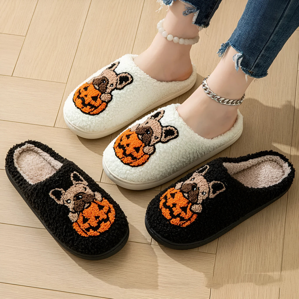 Halloween pumpkin pattern plush slippers with non-slip TPR rubber soles in black and white colours