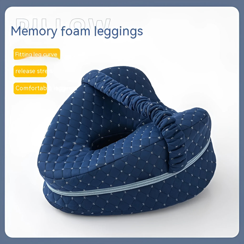 Love heart-shaped dark blue memory foam leg pillow for adult knee and leg support.