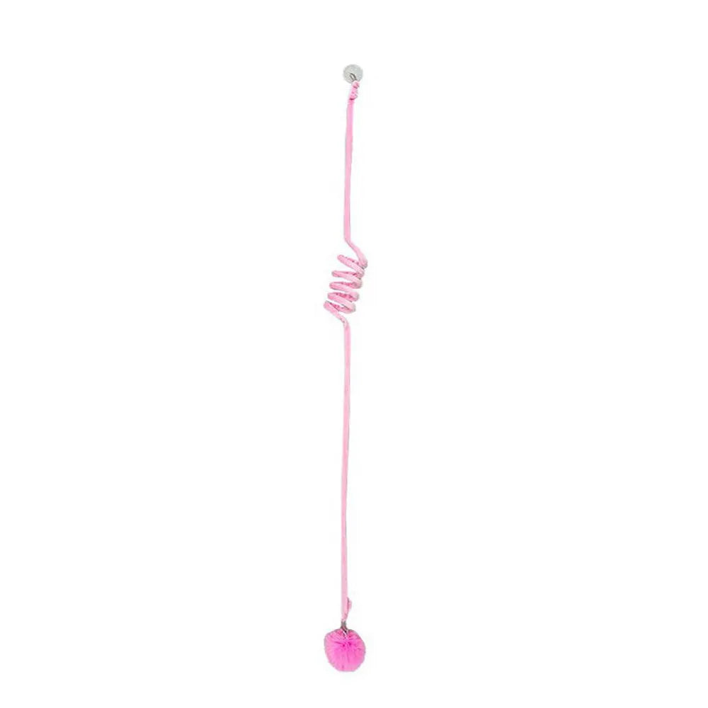 Colourful spring cat toy with hanging bell stick and inflatable ball, shown with a white suction cup.