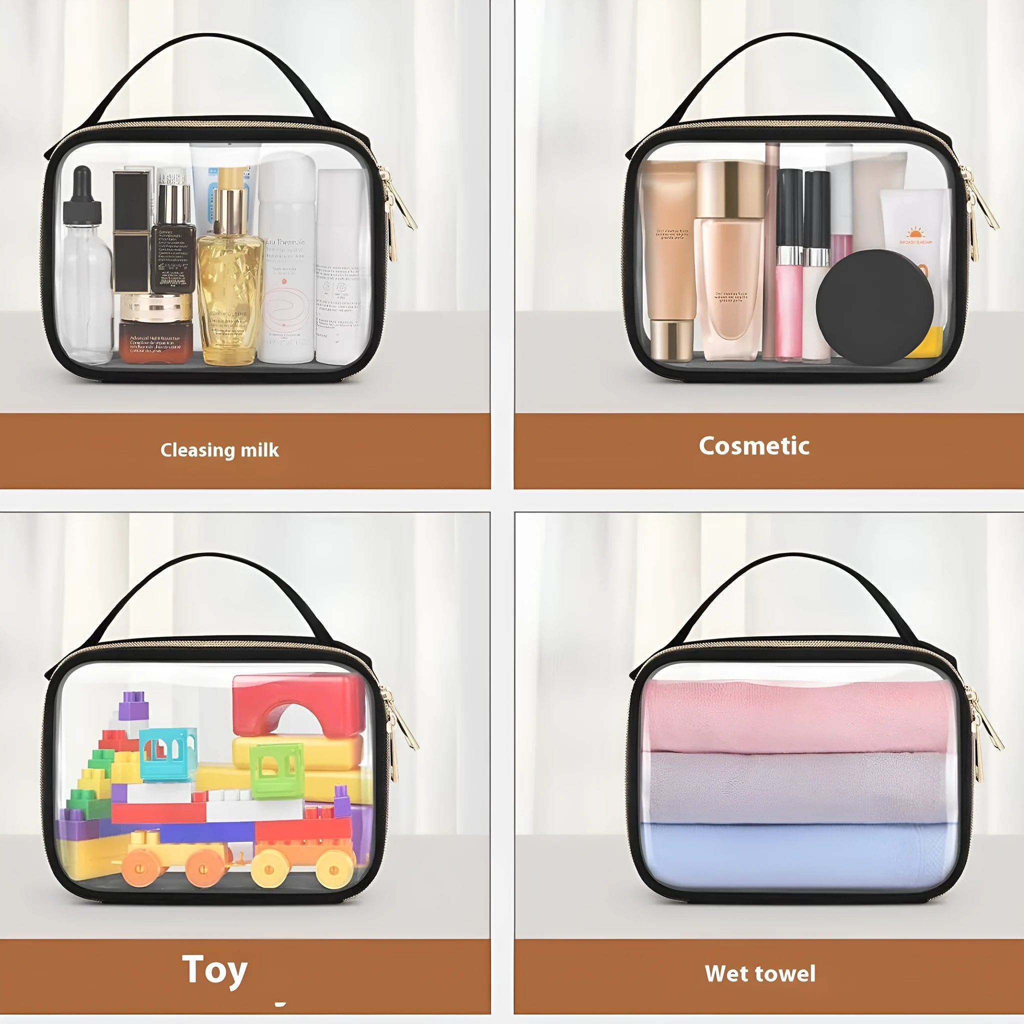 Clear PVC wash bag with chain handle for lipstick storage, shown in leopard print colour.