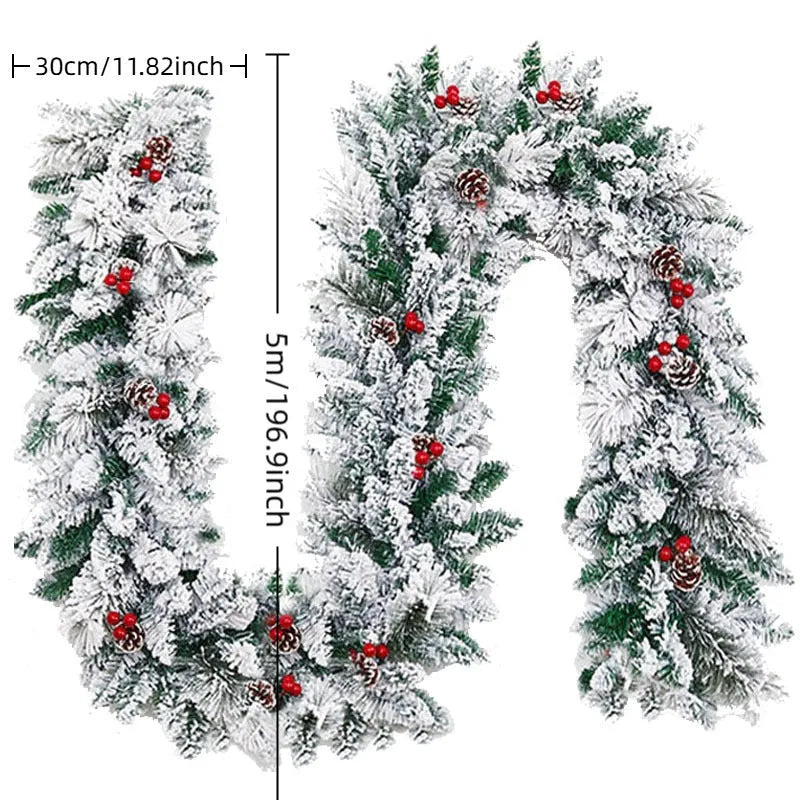White flocked snow Christmas rattan vine decorative garland on green background