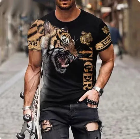 Men's black T-shirt with a large, fierce 3D lion head print on the front