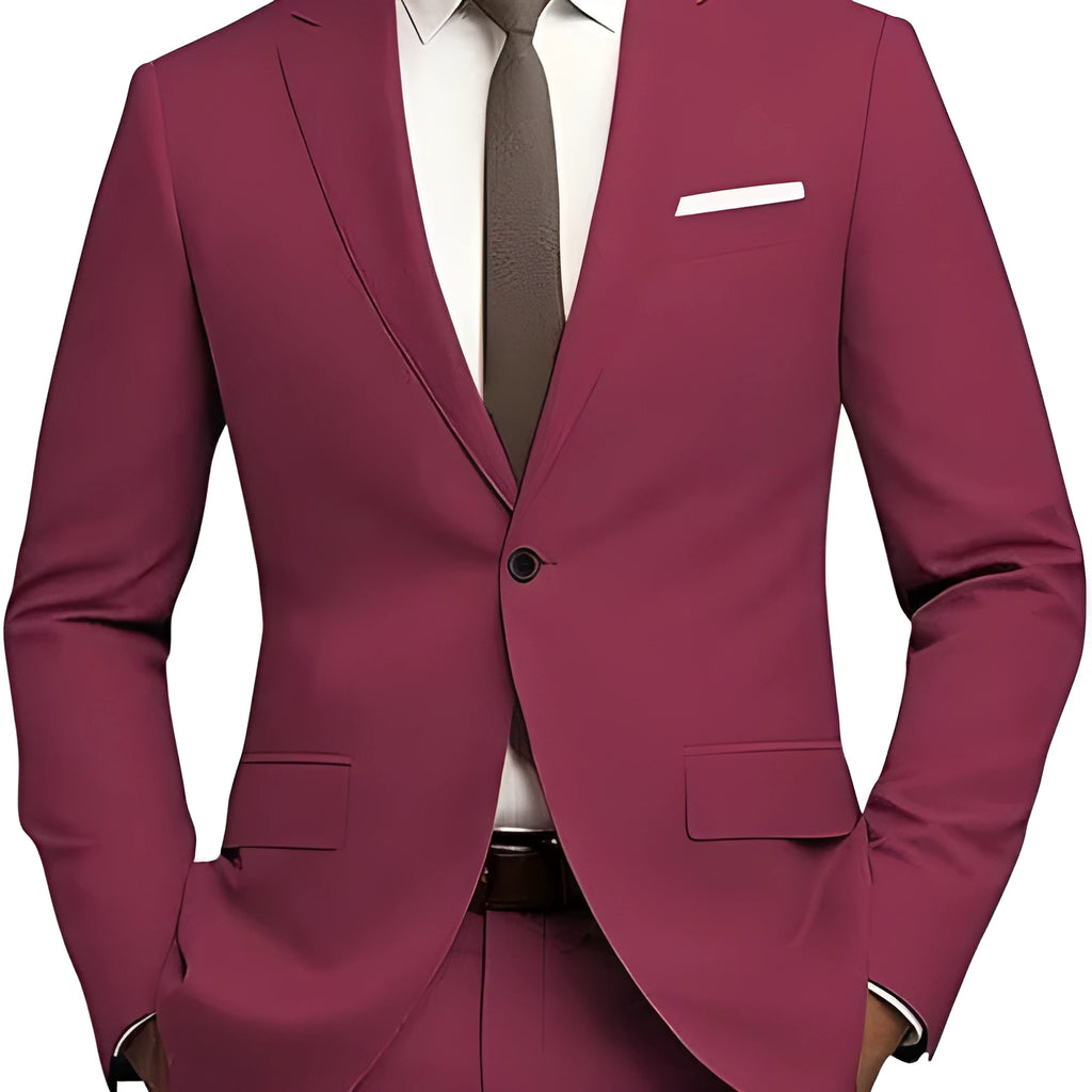 Men's slim fit 2-piece suit set with tie in gold colour, flat collar, nylon blended fabric, front view on mannequin.