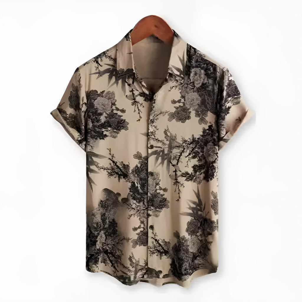 Hawaiian floral print short sleeve cardigan shirt with elastic polyester fabric in multiple colour options