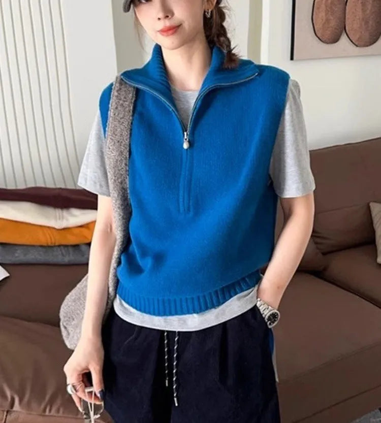 Retro half zipper sleeveless knit vest in polyester mesh fabric showing Japanese casual style