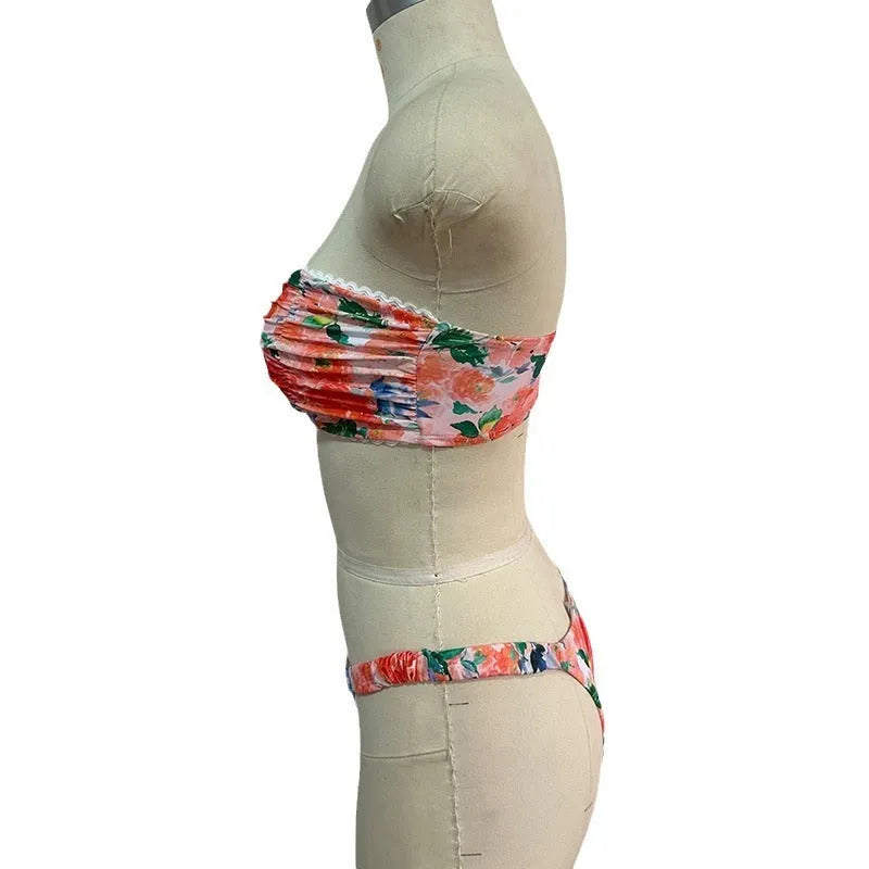 Floral print lace trim bikini set in blue colour, European style swimwear