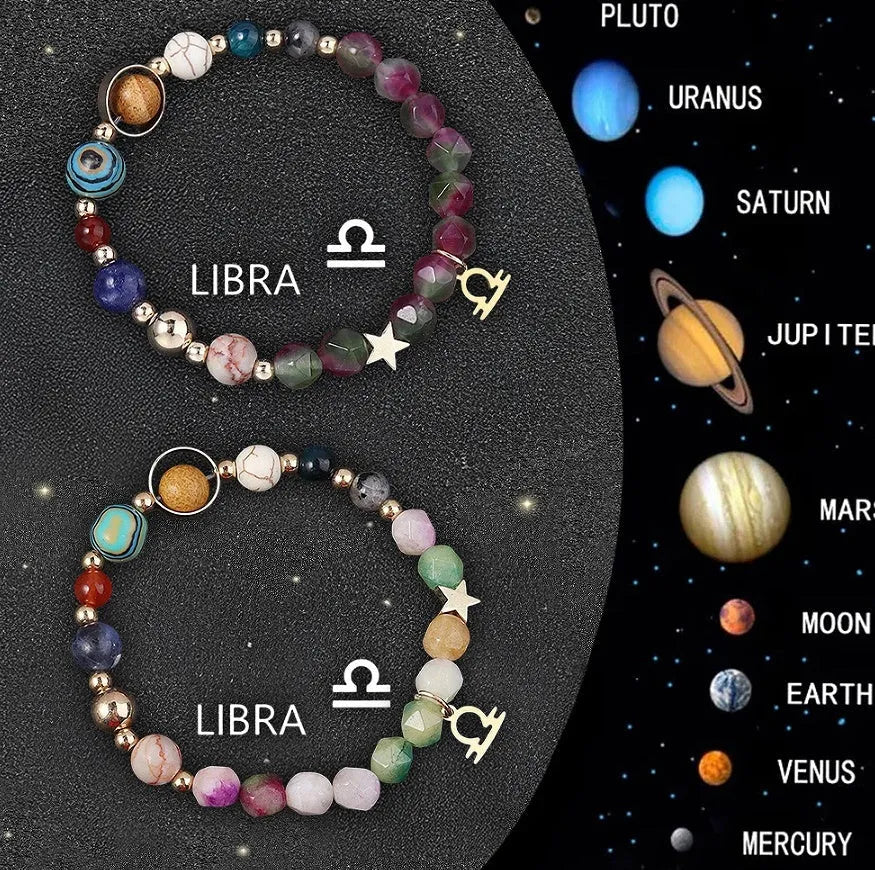 Natural stone beaded bracelets showing zodiac sign designs for complete astrological collection