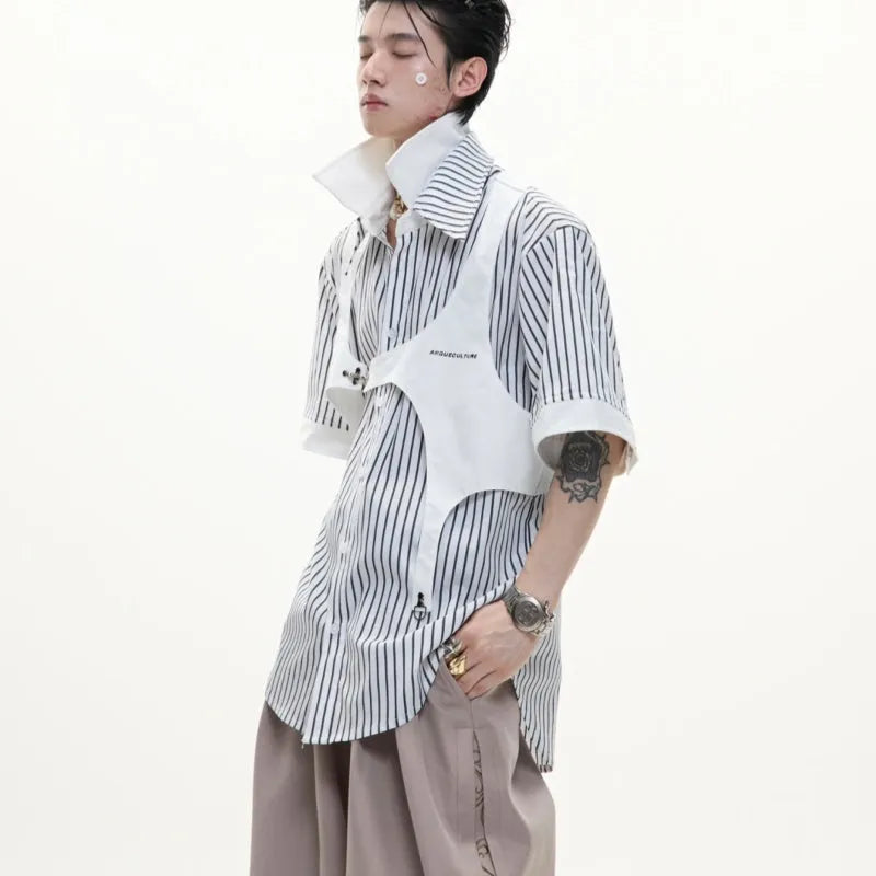 Men's black and white striped cotton shirt with double lapel collar design and short sleeves