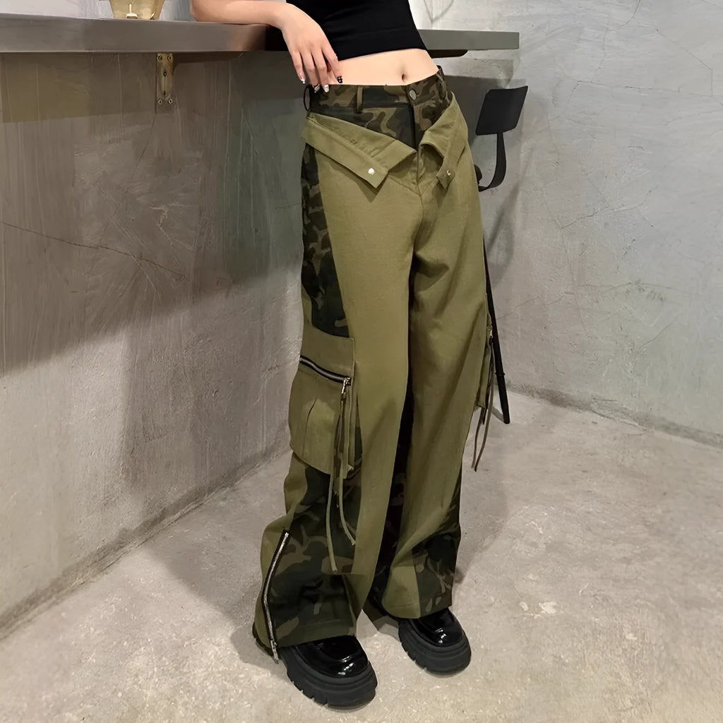 Women's dark khaki leopard print high-waist jeans with tooling style stitching and straight leg