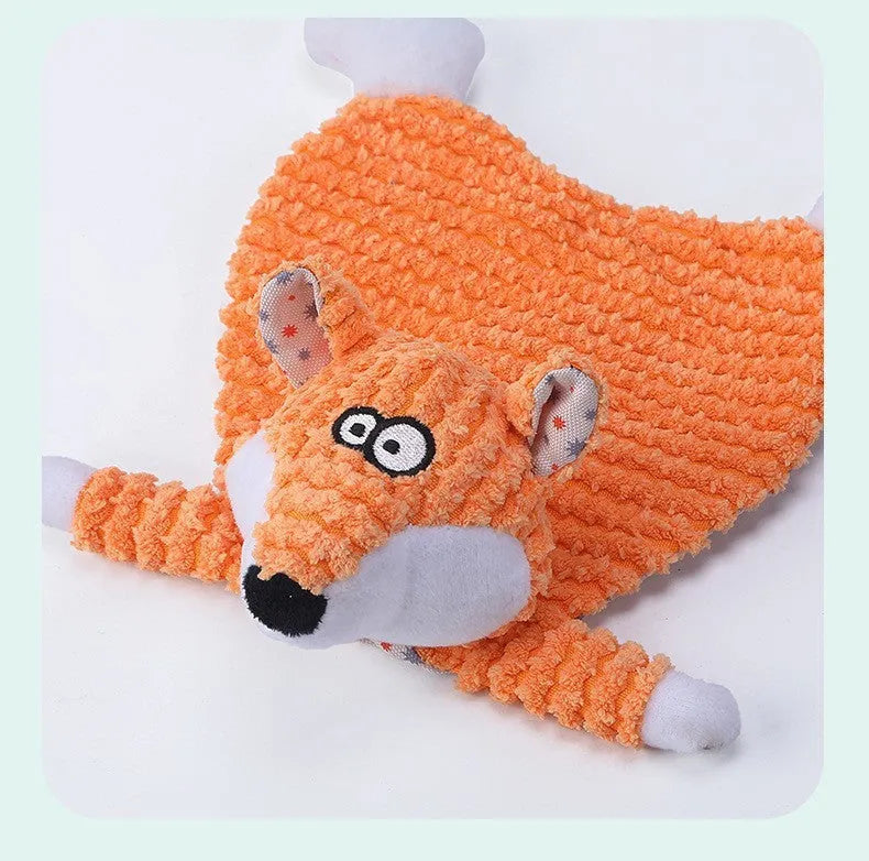 Brown velvet pet toy with fox and elephant designs containing sound paper for dogs and cats