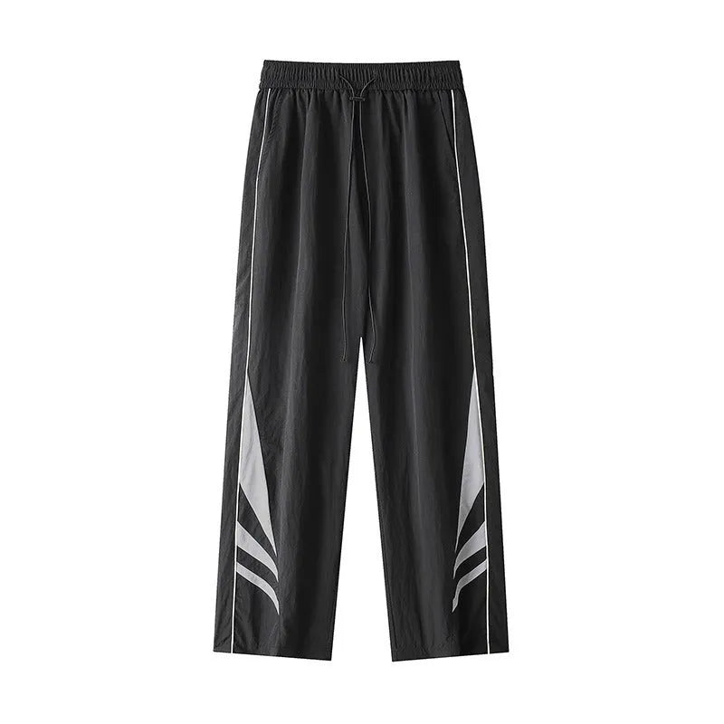Men's straight-leg casual trousers in black or grey, featuring an elastic waist and thin summer fabric.