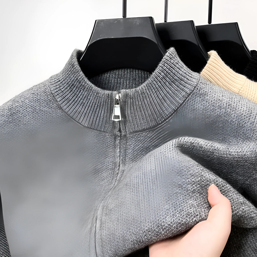 Men's black stand collar cardigan with front zipper showing loose fit and thickened knit construction