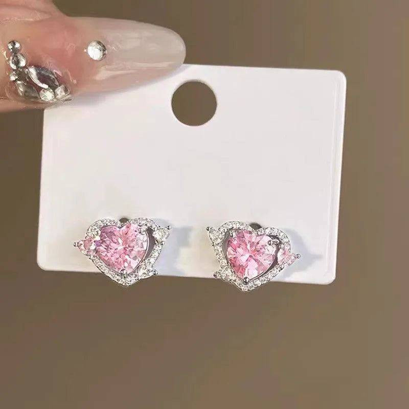 Women's heart-shaped stud earrings with white gold colour electroplated finish