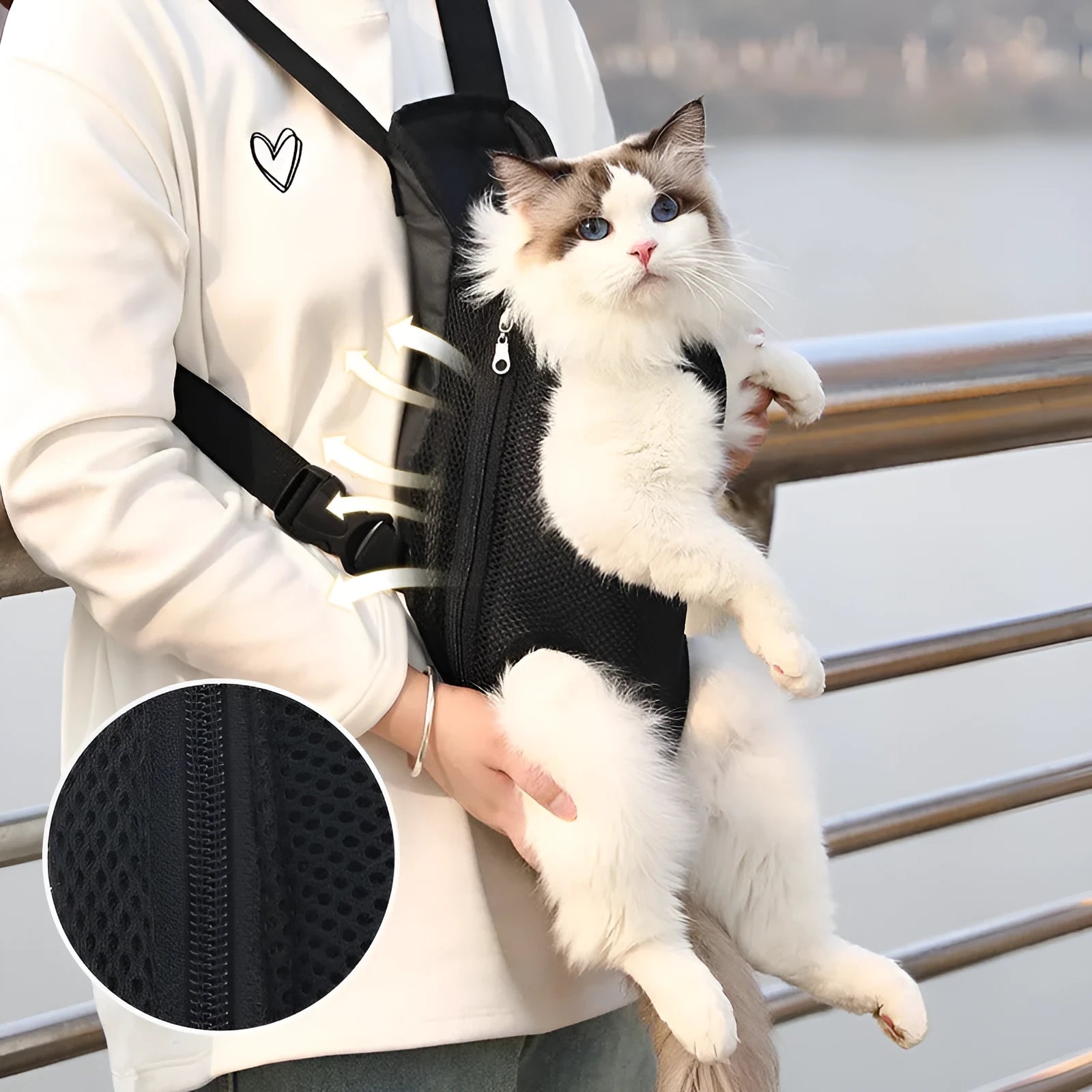 Convertible dog carrier backpack worn on front with small dog inside, showing adjustable straps and breathable mesh panels