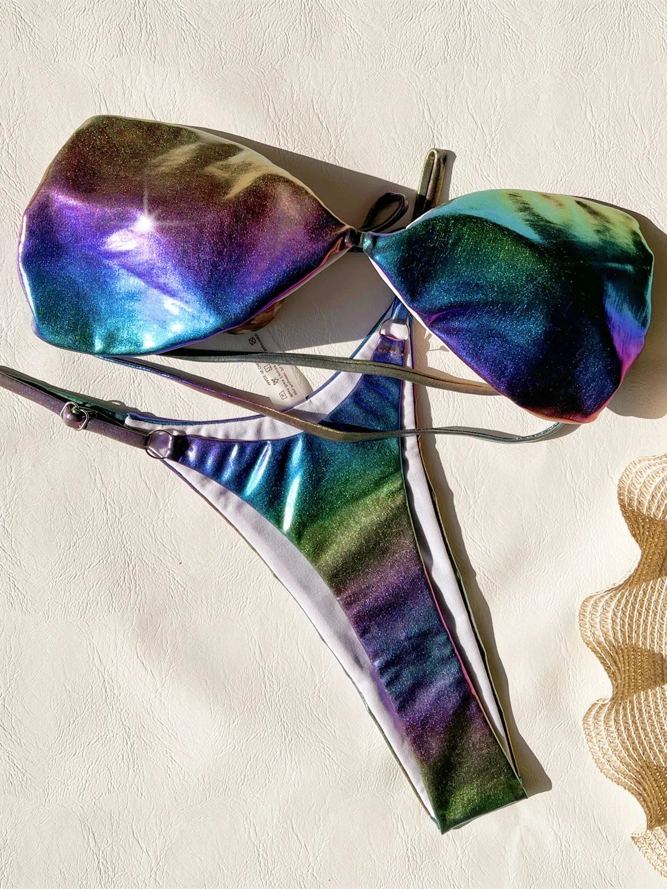 Women's gradient purple polyester bikini swimsuit on mannequin