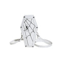 Halloween coffin-shaped shoulder bag in PU with spider web pattern, crossbody strap, compact size 12x22x9cm