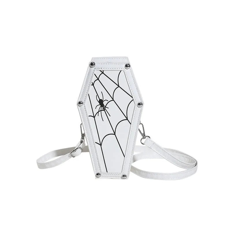 Halloween coffin-shaped shoulder bag in PU with spider web pattern, crossbody strap, compact size 12x22x9cm