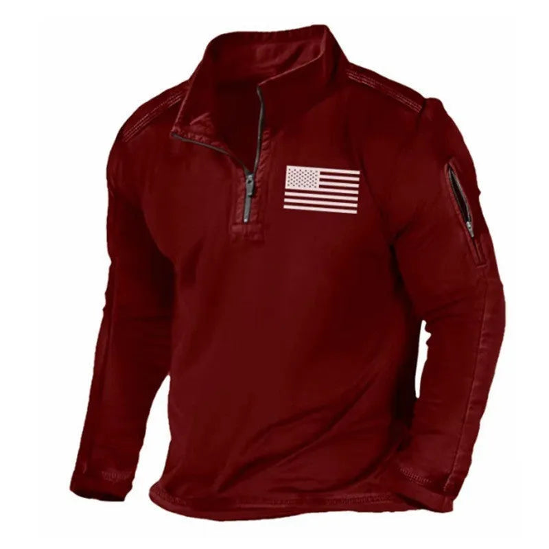 Men's grey zip-up sweater with a stand collar and long sleeves on a hanger.