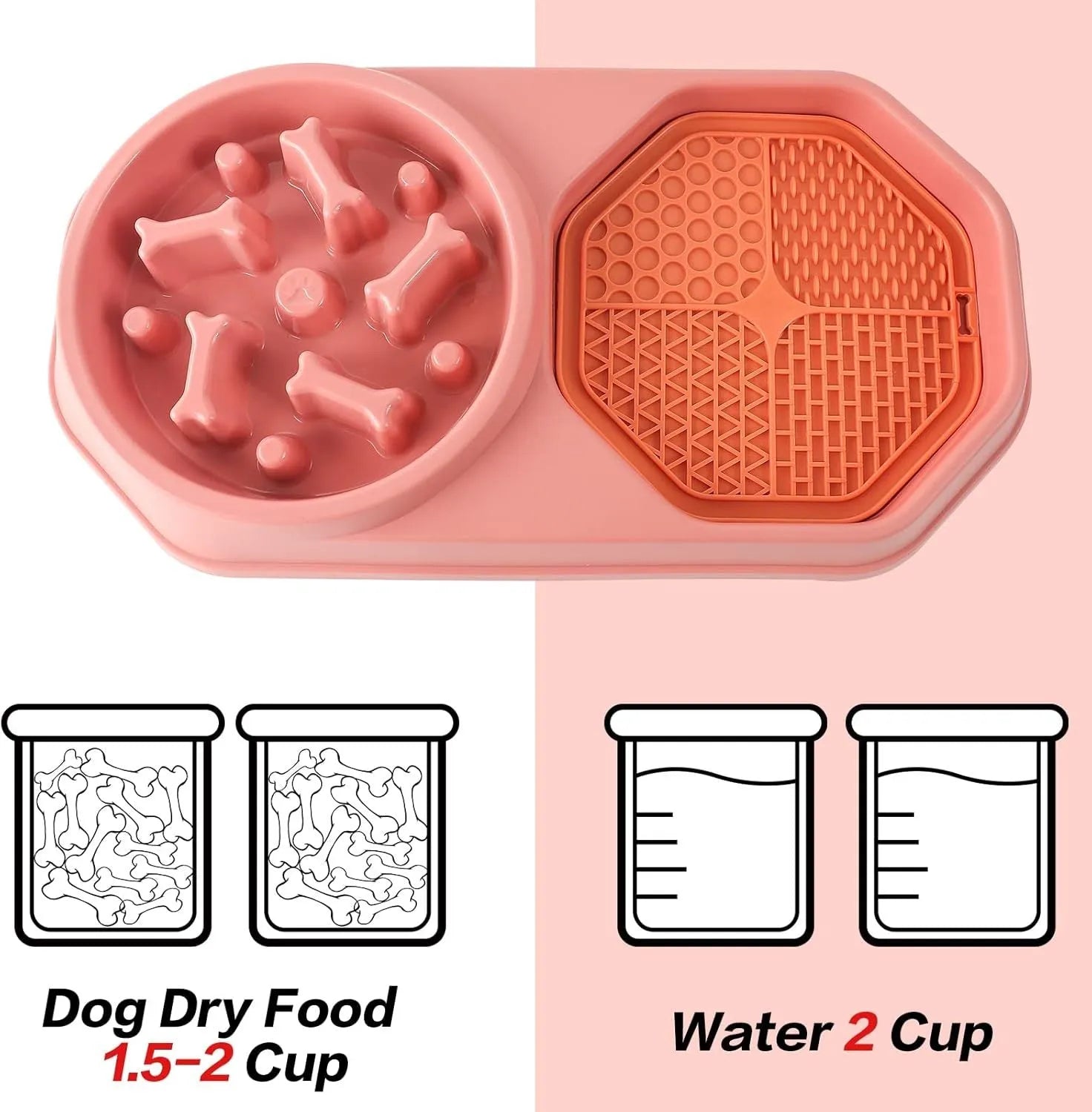 Blue interactive slow feeder dog bowl with maze pattern for anti-gulping, shown with four non-slip pads.