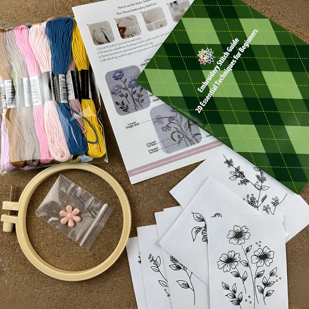 Handmade embroidery material package with water-soluble non-woven fabric, Nordic style, packing size 18.5x23x2cm