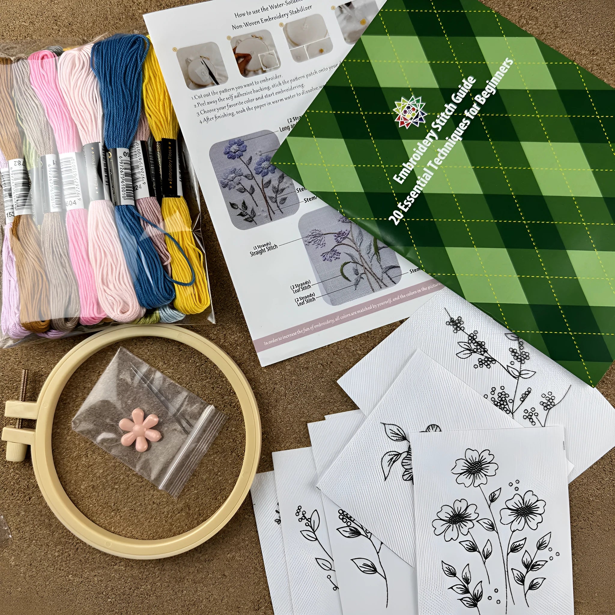 Handmade embroidery material package with water-soluble non-woven fabric, Nordic style, packing size 18.5x23x2cm