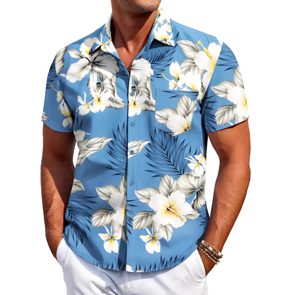 Men's slim fit Hawaiian short sleeve shirt in elastic polyester fabric.