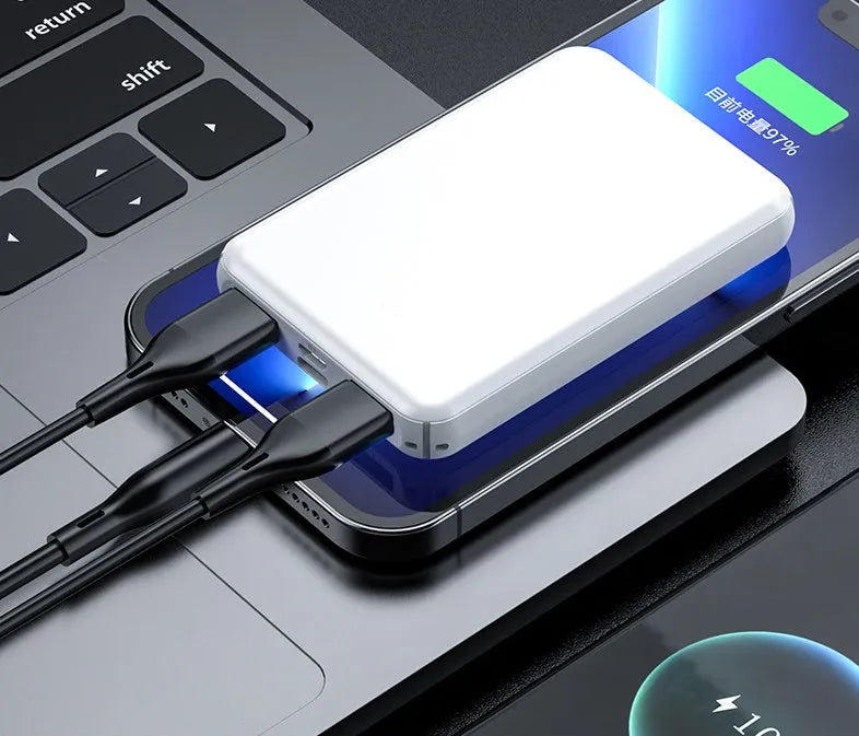 Black and white heating vest power bank measuring 97x64x14mm with capacity options