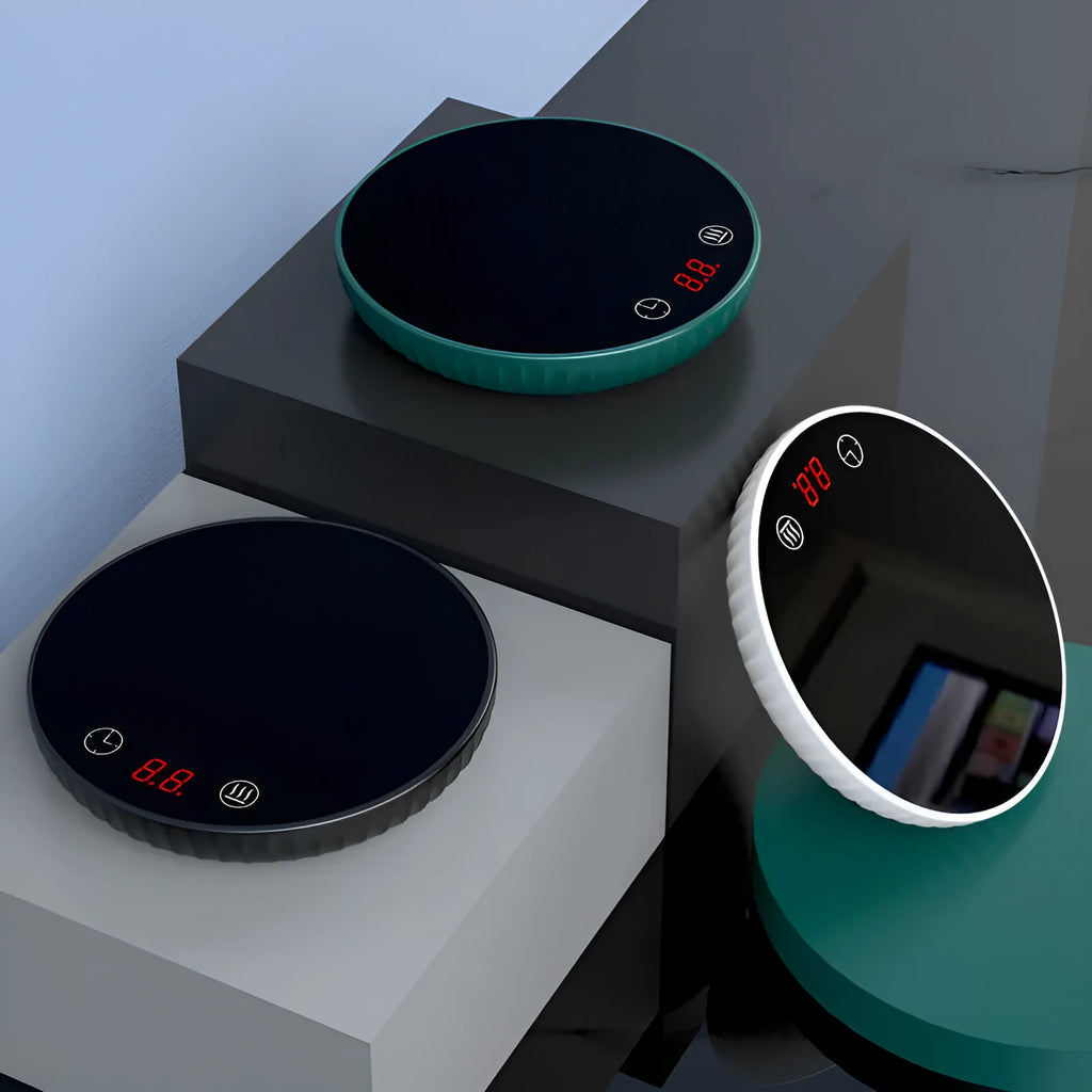 Electric cup warmer 115mm diameter black ABS and glass panel with digital display and touch switch