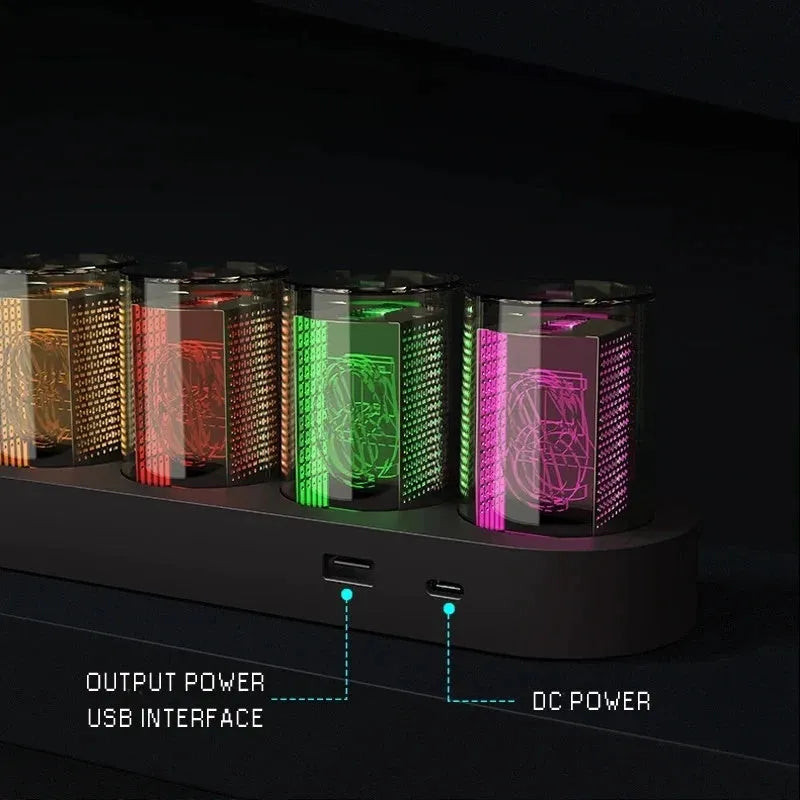 RGB LED digital clock showing colour-changing display on desk with black plastic casing
