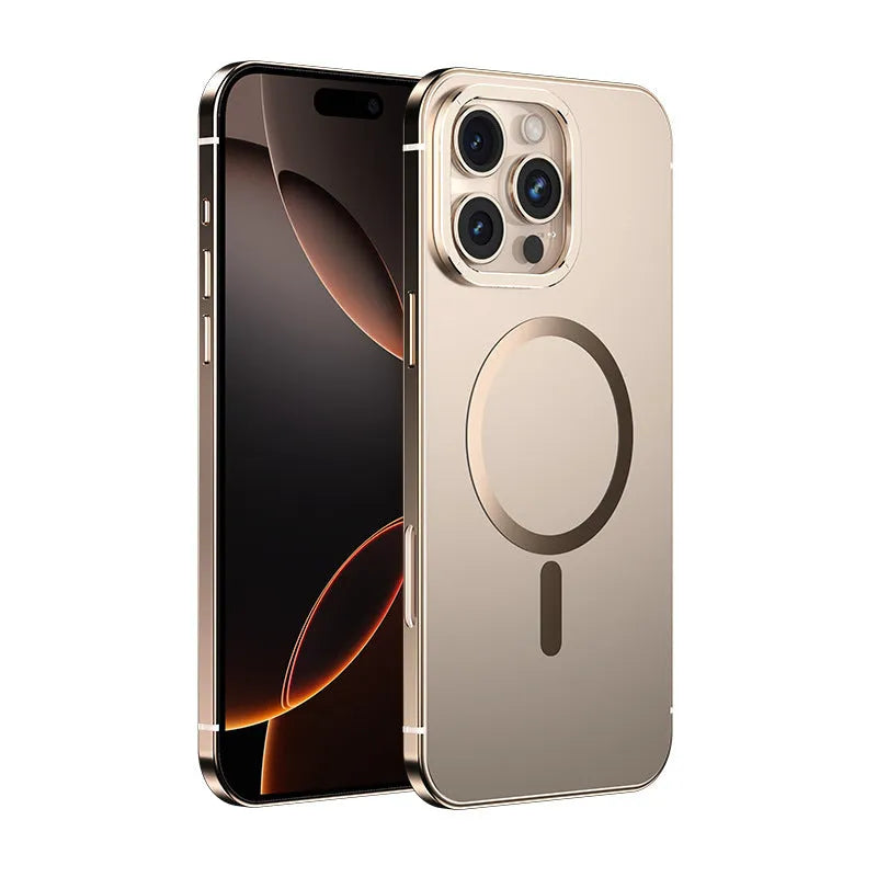 Magnetic suction iPhone case with stainless steel acrylic half-pack in Desert Gold colour for iPhone 15 Pro Max