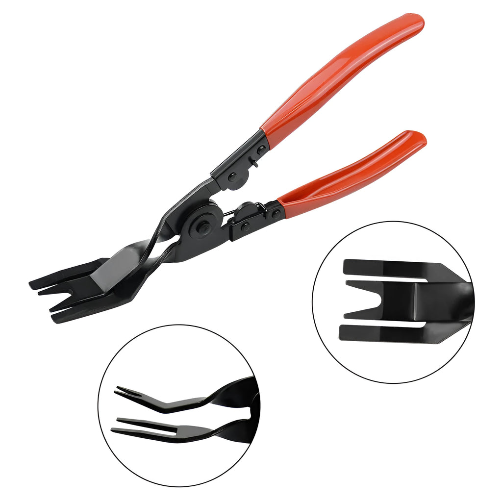 Red handle automotive clip driver tool for General Motors door panel nailing with light switch pliers