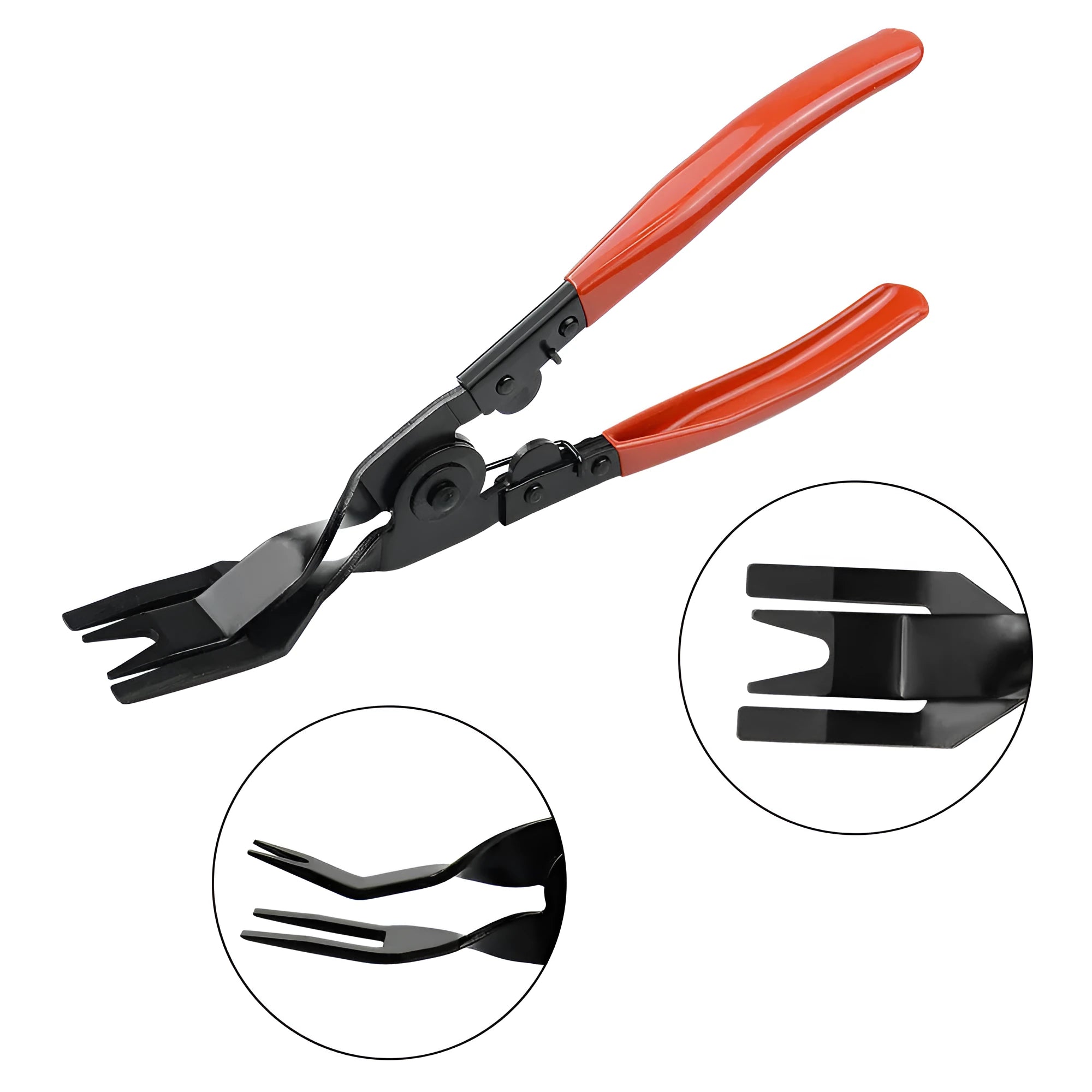 Red handle automotive clip driver tool for General Motors door panel nailing with light switch pliers