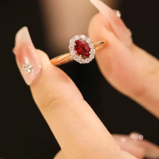 Gold pigeon blood red gemstone sterling silver ring with floral design for women