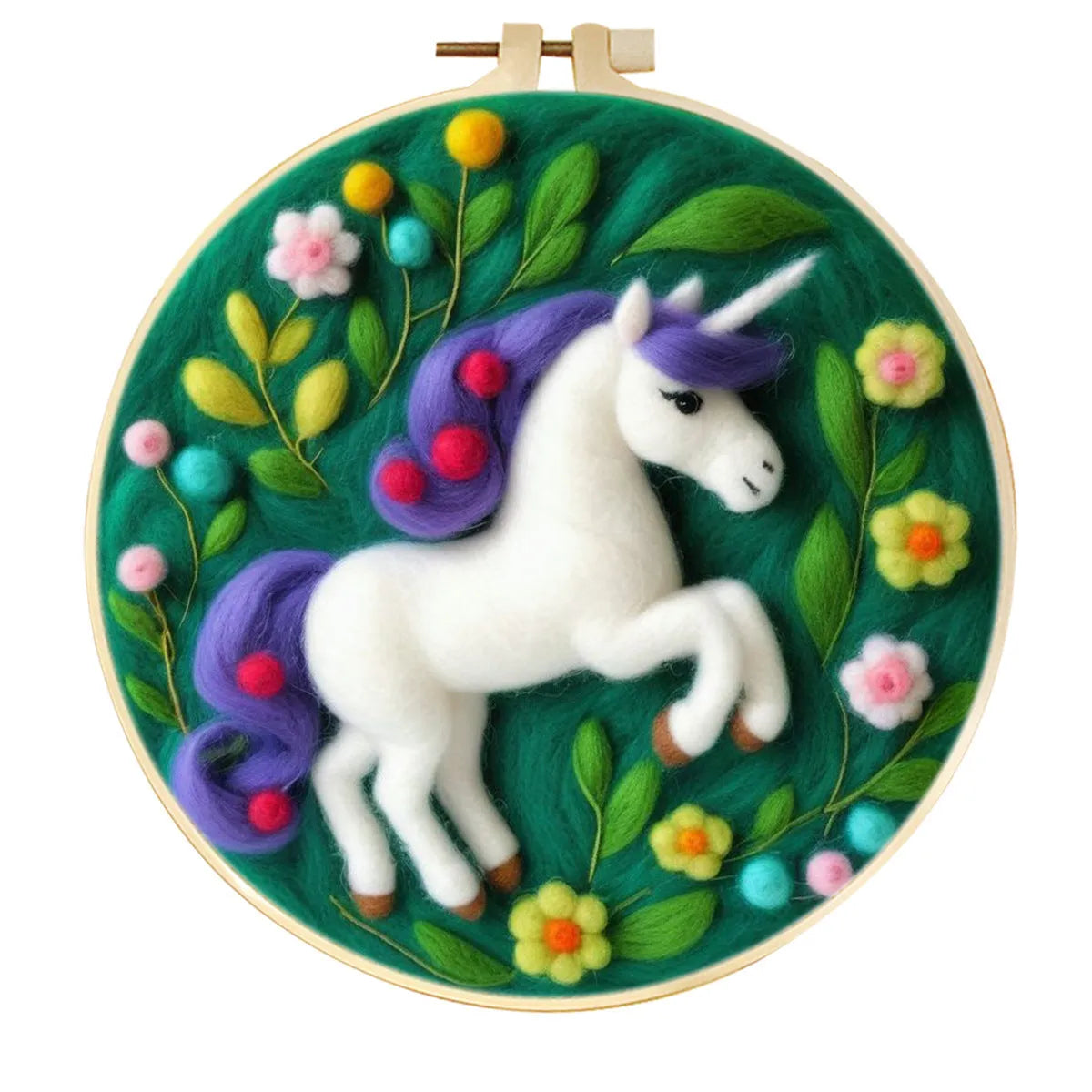 Round 20x20 cm linen embroidery kit with wool felt pieces for floral design and included embroidery frame.