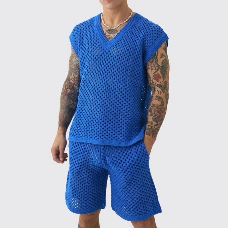 Men's blue V-neck sleeveless vest and matching shorts sports suit on a hanger