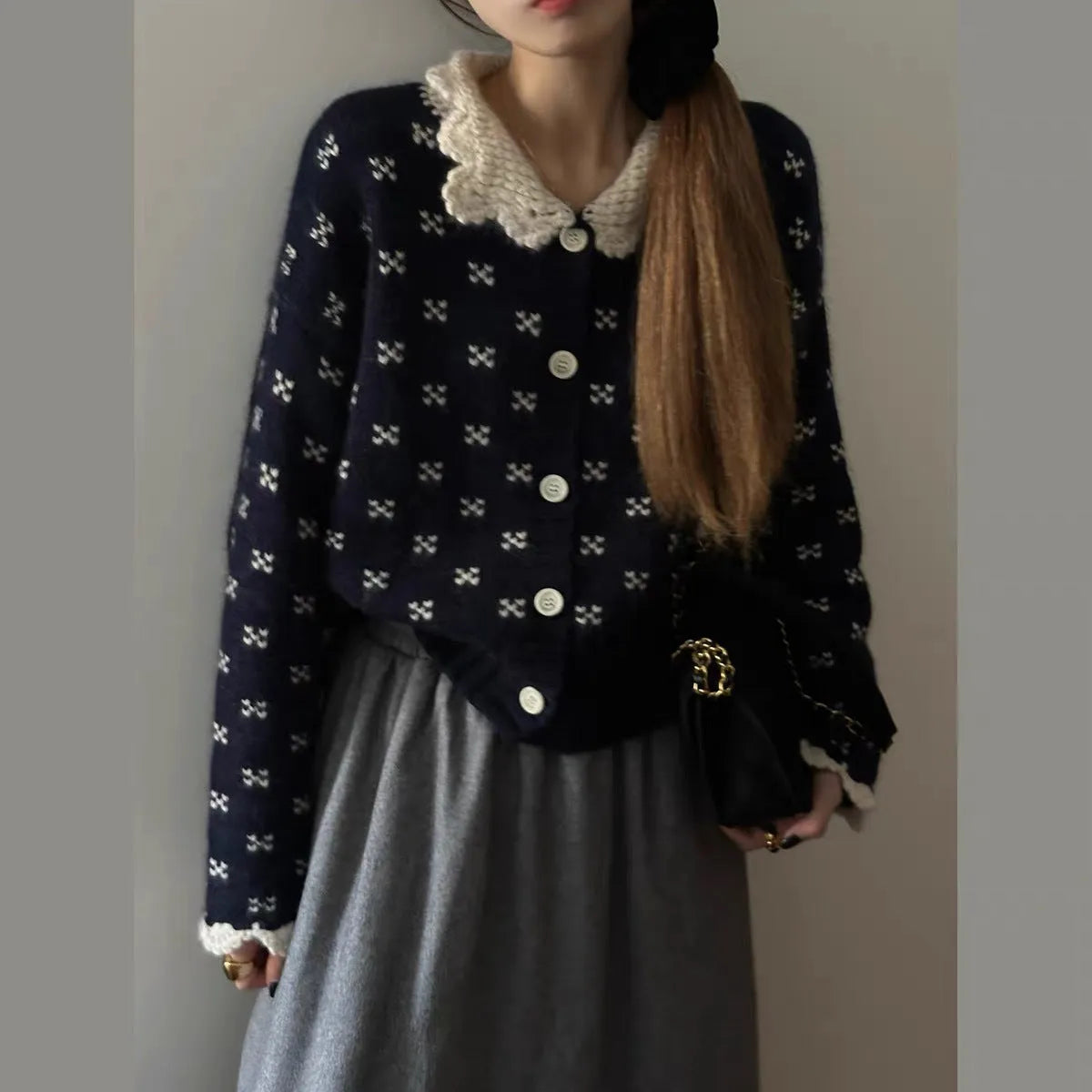 Retro Peter Pan collar knitted cardigan coat in a floral pattern