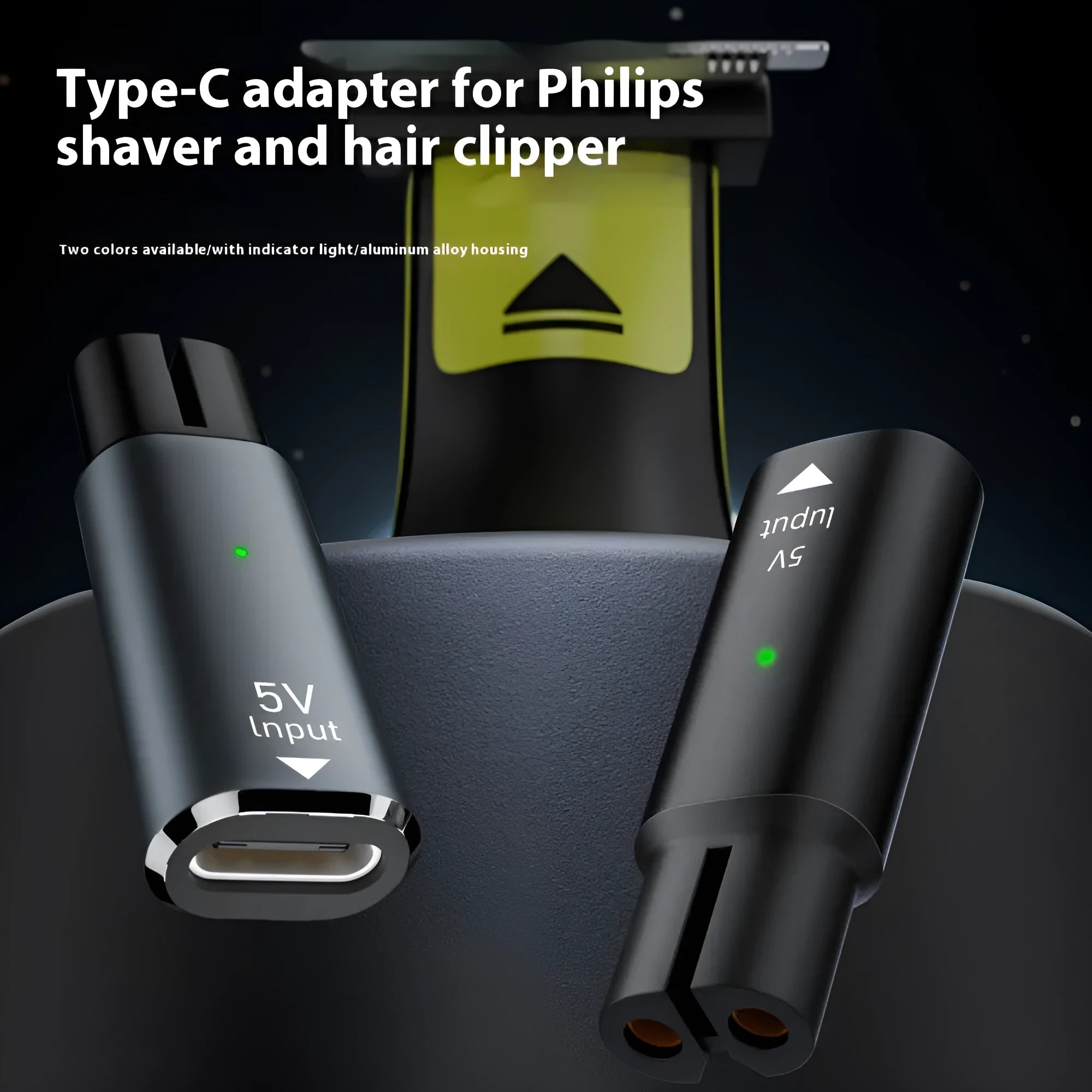 USB-C to 4.3V charging adapter for electric shavers in black aluminium alloy casing