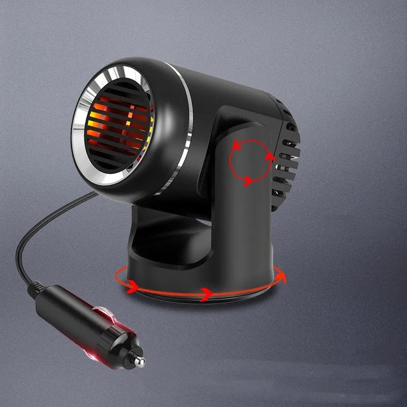 Compact black and white 12v car heater with dual cold/warm settings for vehicle defrosting and cabin comfort