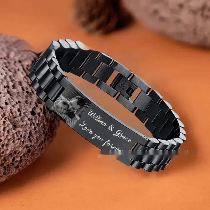 Titanium steel bracelet with curved heart shape design and black lettering