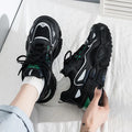 Women's dad shoes thick-soled low-top platform sneakers in white, black, and beige on a light background