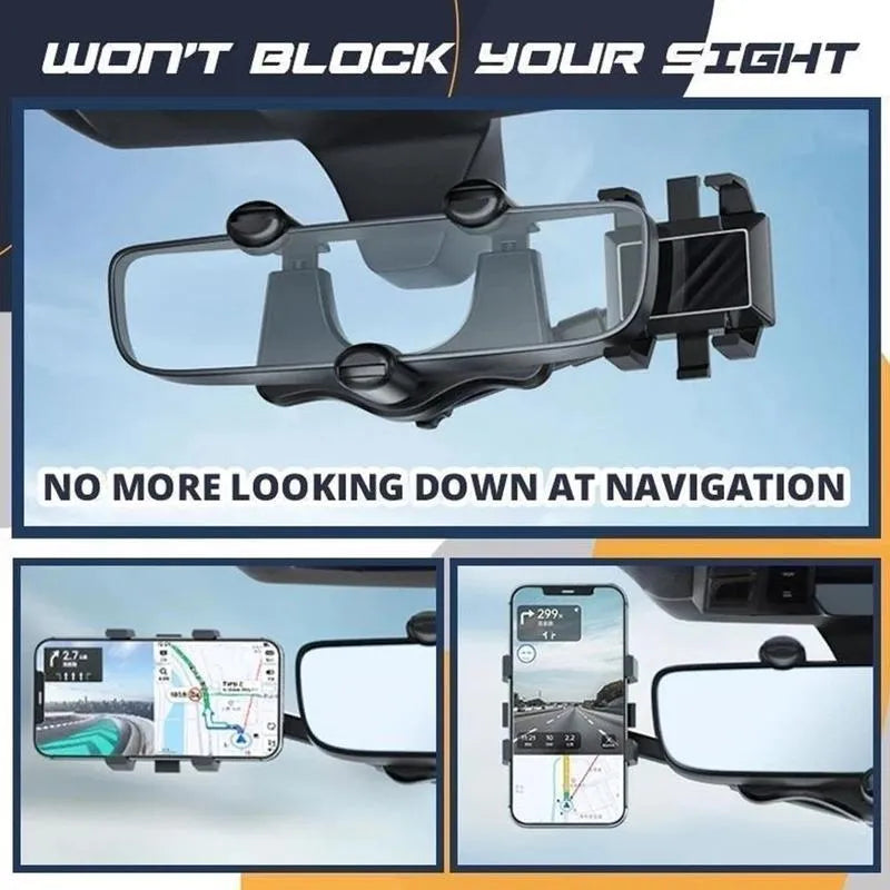 Black rearview mirror phone holder showing 360-degree rotation and telescopic arm extension