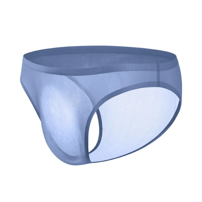 Translucent ultra-thin seamless Ice Silk men's underwear briefs in black stripes, low-waist knitted nylon construction