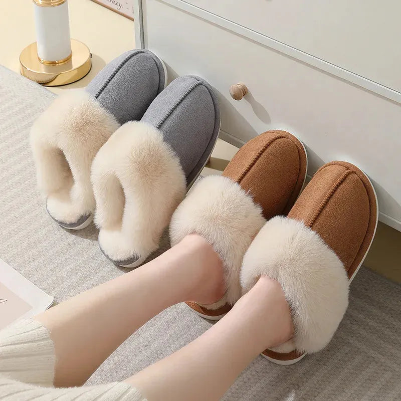 Women's round-toe plush slippers in multiple colours with a non-slip PVC sole.