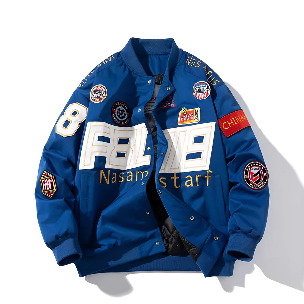 Thick polyester motorcycle jacket with embroidered baseball trim and drawstring sleeves in black