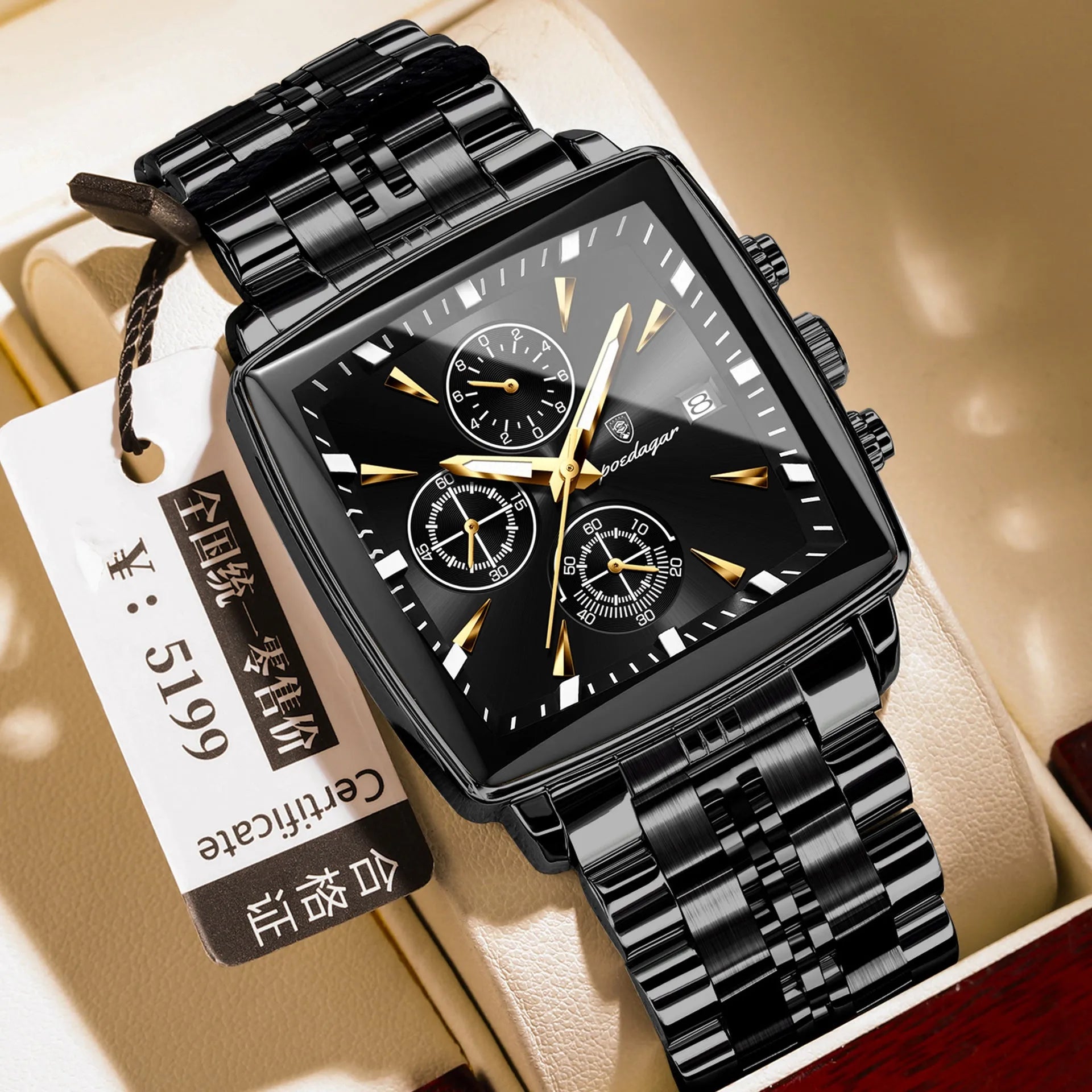 Square men's business watch with stainless steel strap and mineral glass face
