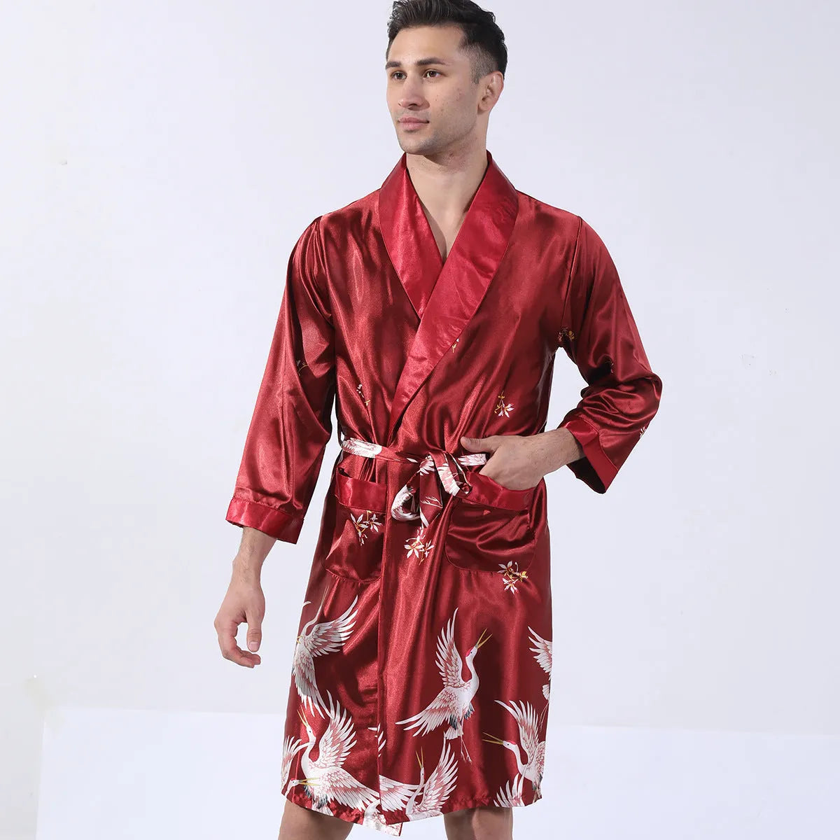 Men's summer silk bathrobe nightgown in rayon fabric showing colour options