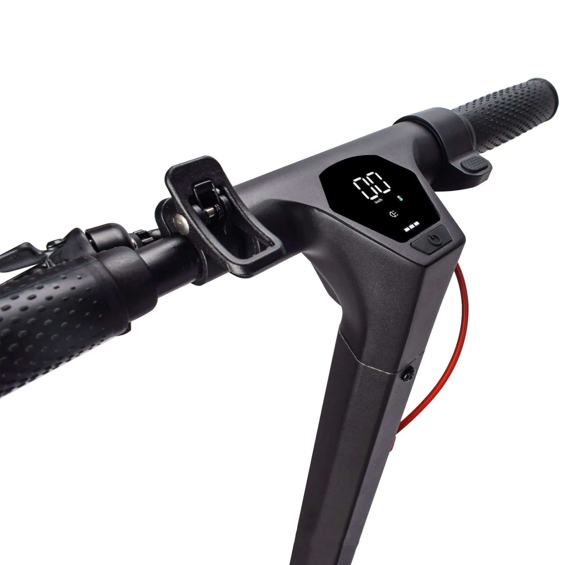Black aluminium alloy electric folding scooter with 10inch tyres and disc brake on a flat surface