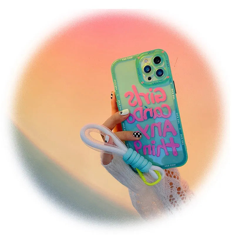 Mint green TPU phone case with painted blue-haired girl graffiti art and attached fabric lanyard for Apple iPhone.