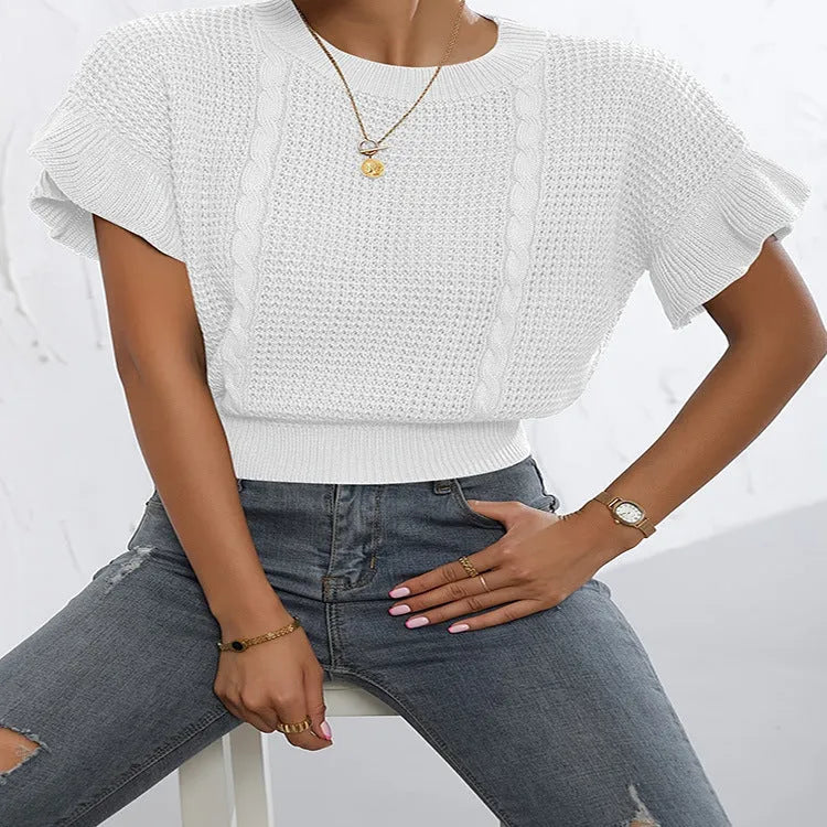 White knitted pullover sweater with twisted string ruffled short sleeves and round neck design